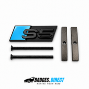 S5 front honeycomb grille badge in gloss black with a Sky Blue Gloss accent panel, two mounting screws and two mounting bars