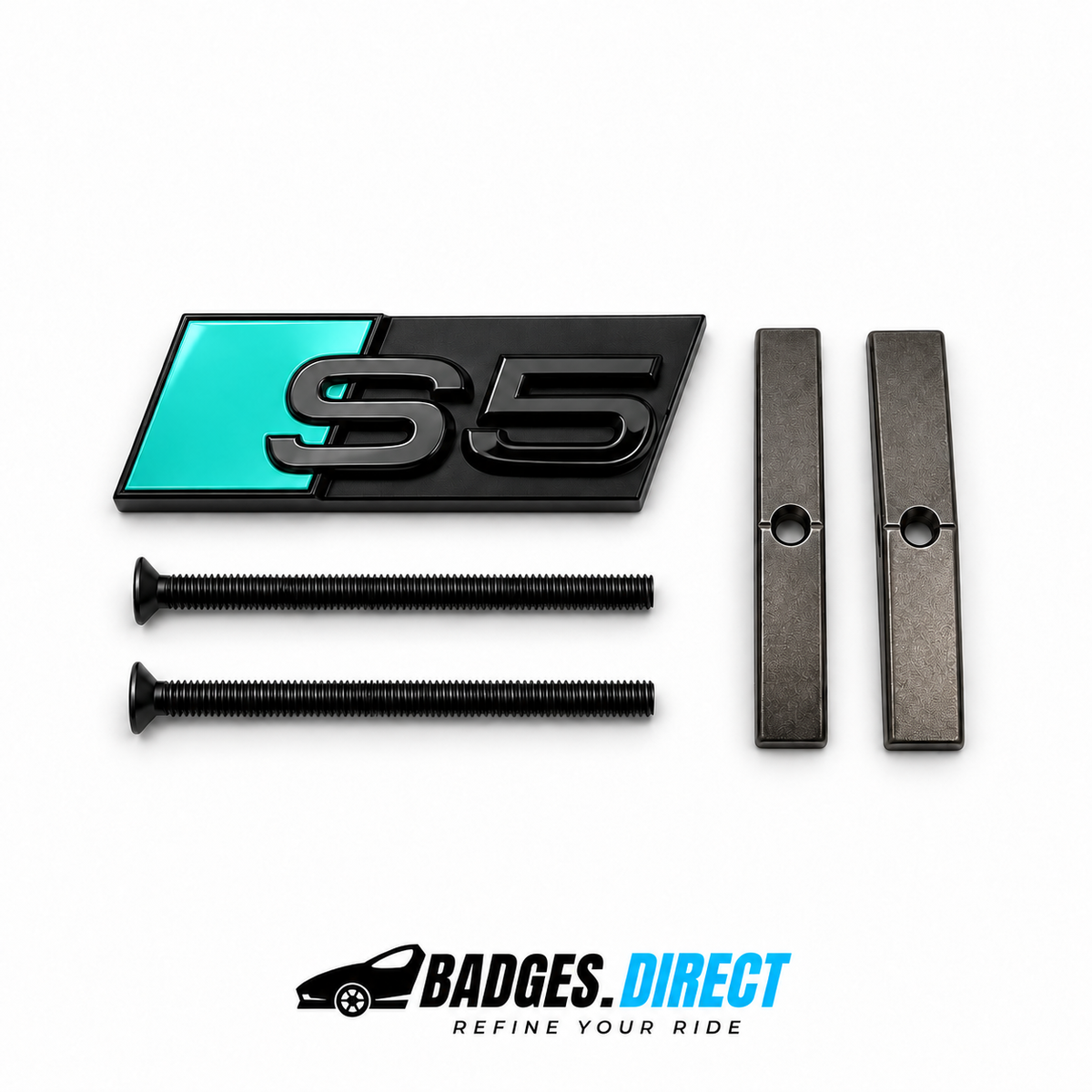 S5 front honeycomb grille badge in gloss black with a Tiffany Green accent panel, two mounting screws and two mounting bars