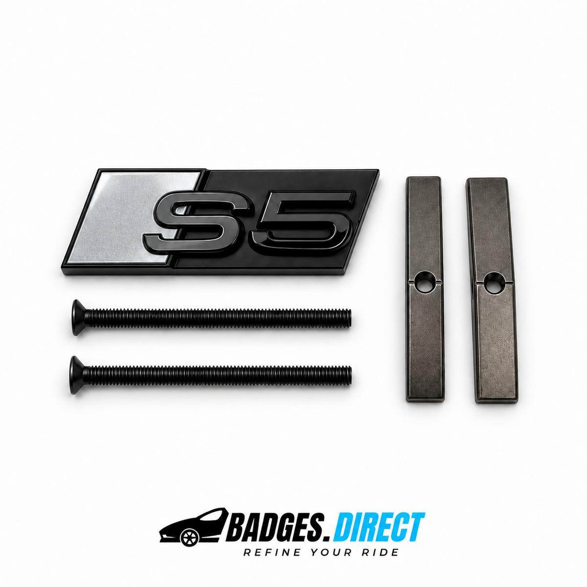 S5 front honeycomb grille badge in gloss black with a Titanium accent panel, two mounting screws and two mounting bars