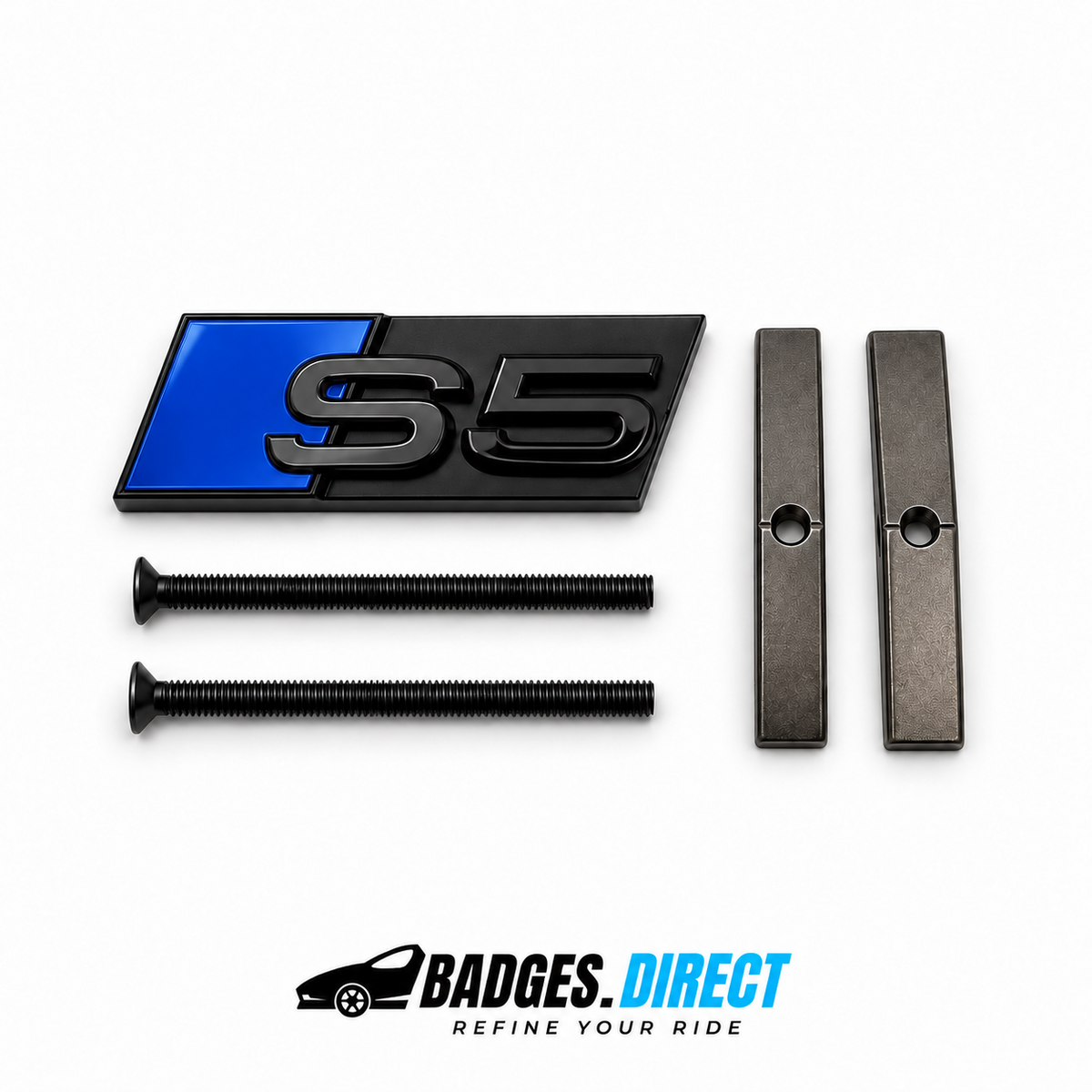 S5 front honeycomb grille badge in gloss black with a Ultramarine Blue accent panel, two mounting screws and two mounting bars